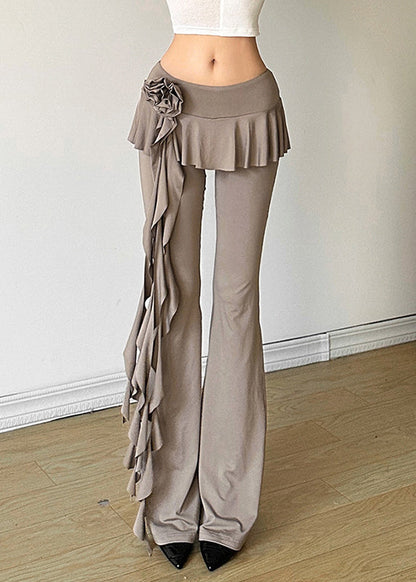 Stylish Khaki Flower Ribbon Patchwork Straight Leg Pants Summer