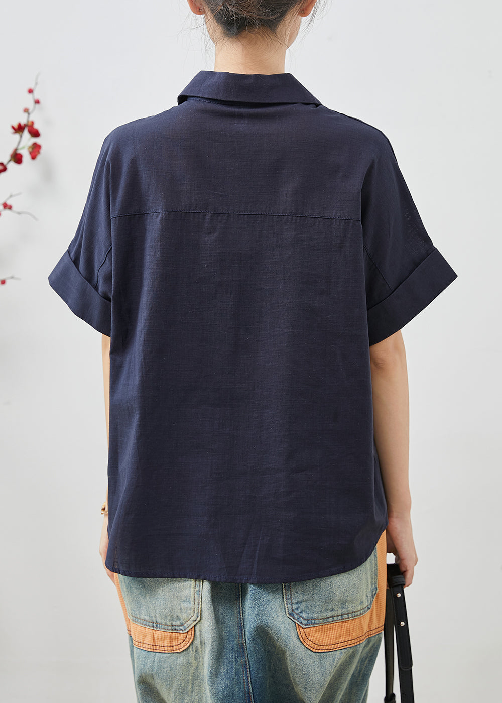 Navy Peter Pan Collar Wrinkled Cotton Blouses Summer
