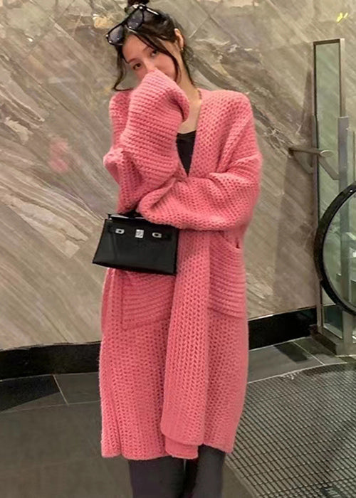 Pink Pockets Hollow Out Knit Cardigans Long Sleeve