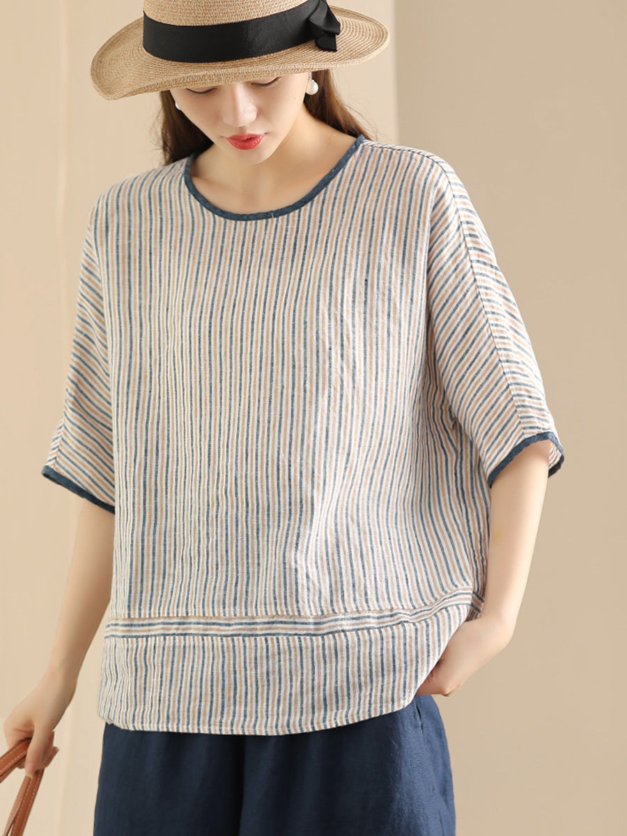 Summer Stripe Spliced Linen Shirt