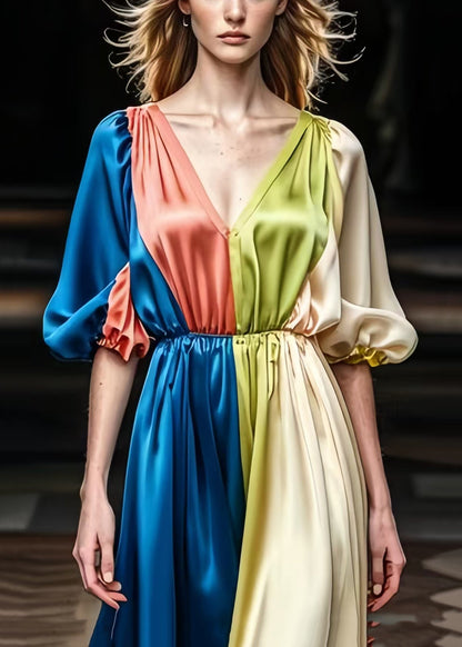 Colorblock V Neck Patchwork Draping Silk Dress Summer