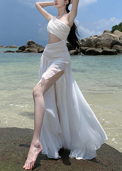French White Asymmetrical Wrinkled Chiffon Vacation Dresses Sleeveless