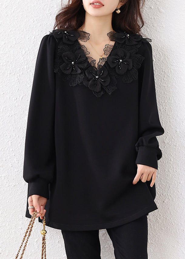 Loose Black V Neck Nail Bead Cotton Sweatshirts Fall