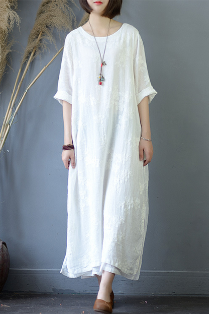 Summer White Ramie Embroidery Dress