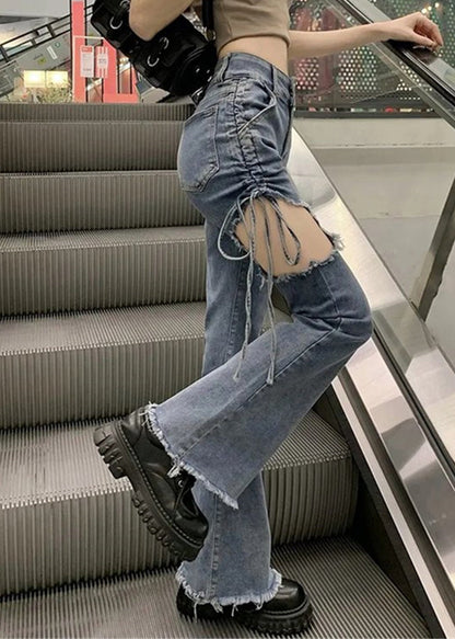 Modern Blue Hole Cinched High Waist Denim Pants Spring