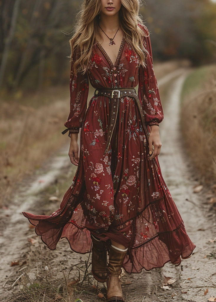 Mulberry V Neck Print Chiffon Long Dress Fall