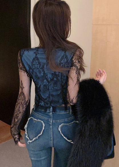 Black Hollow Out Patchwork Lace Tops