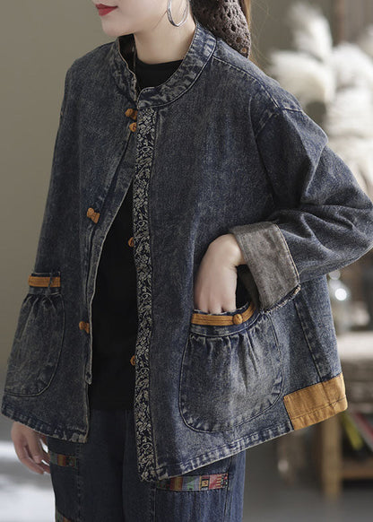 Italian Blue Stand Collar Button Denim Jackets Spring