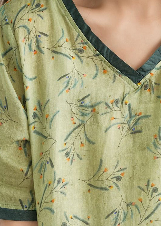 Green Wrinkled V Neck Patchwork Cotton Long Dress Short Sleeve