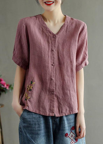 Loose Red-neckline Flowers V Neck Embroidered Summer Linen Shirt