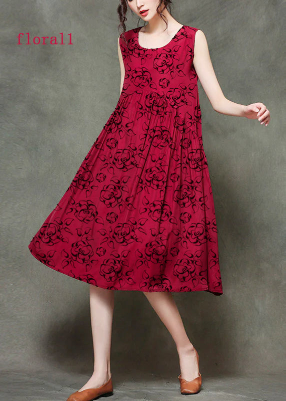 Wine Red- Patchwork1 O-neck Wrinkled Long Dresses Sleeveless
