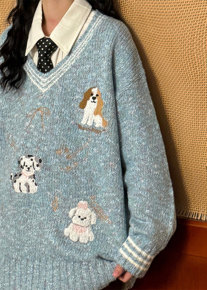 Blue V Neck Little Dog Bow Knit Sweater Spring