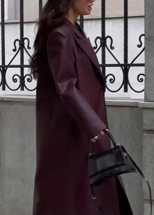 Unique Mulberry Peter Pan Collar Pockets Faux Leather Trench Fall