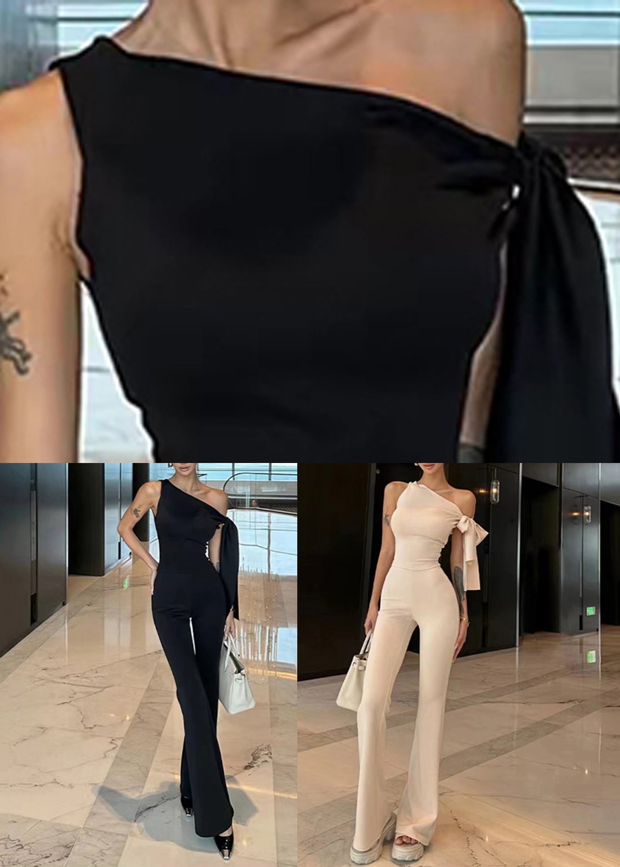 Stylish Apricot One Shoulder Knit Top and Flared Trousers Two Piece Set Sleeveless