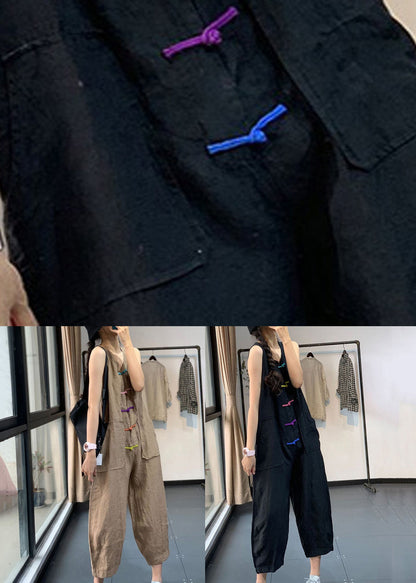 Black Chinese Button Pockets Patchwork Linen Jumpsuits Summer