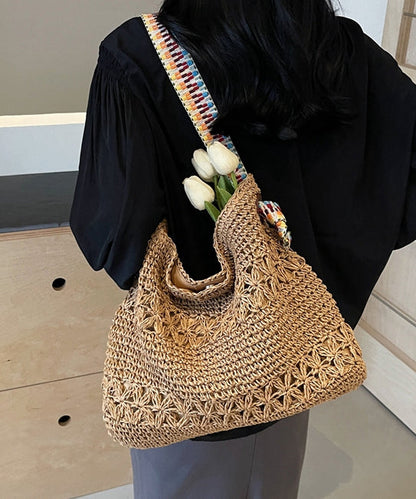 Beige Hollow Out Knit Holiday Shoulder Bags