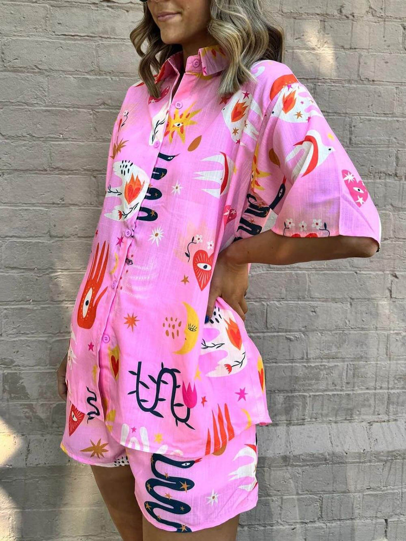 Printed Shirt Lace-up Elastic Shorts Set