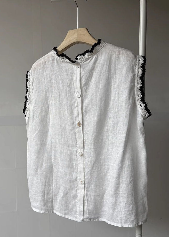 Back Button Down Patchwork Lace Linen Tops Sleeveless