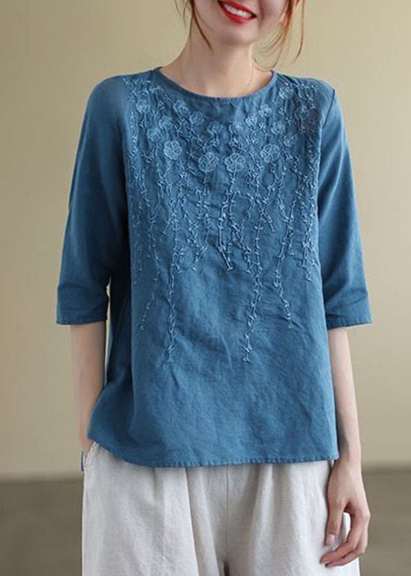 French Navy O-neck Embroidered Cotton Blouses Half Sleeve
