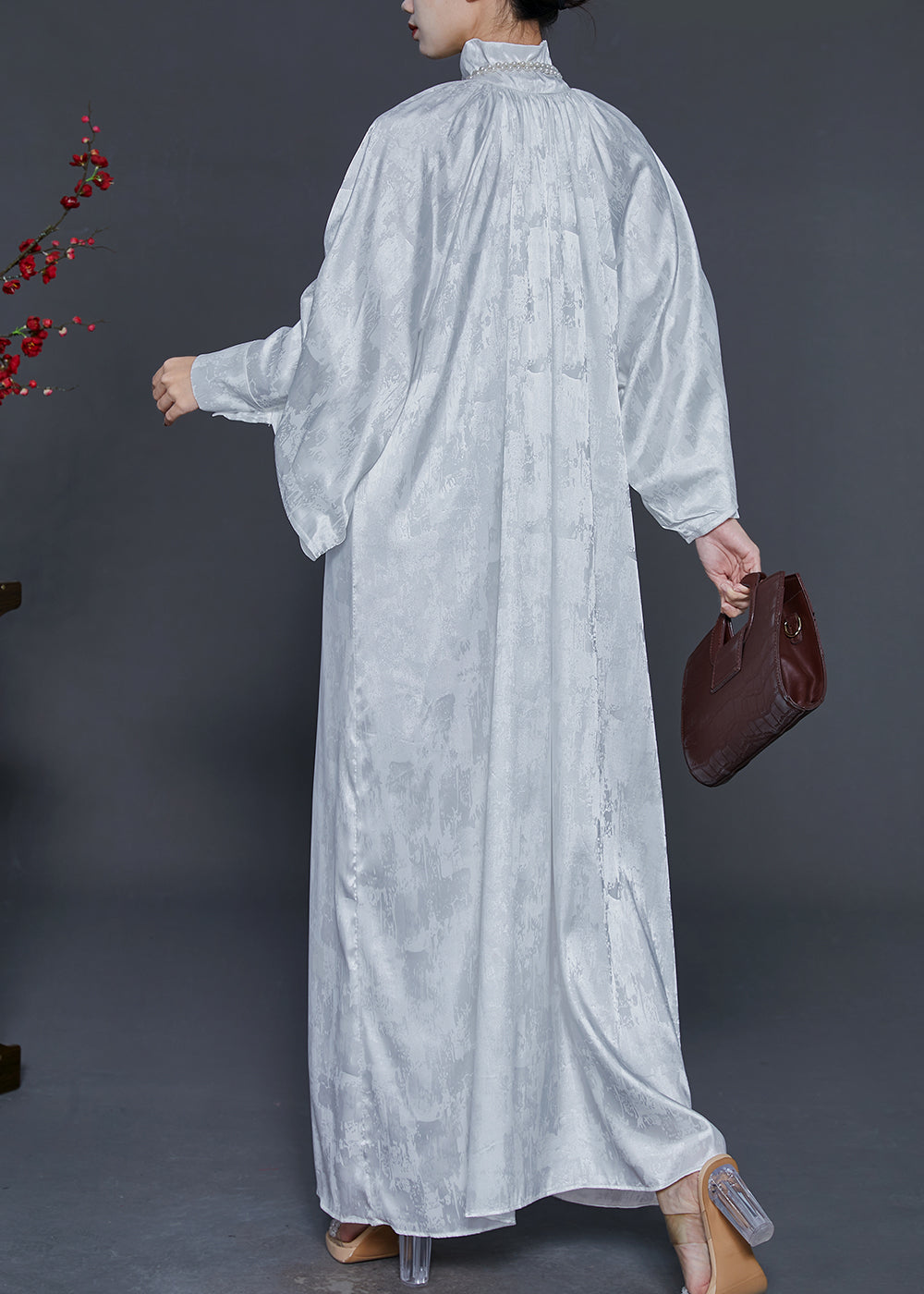 White Zip Up Jacquard Wear on Both Sides Silk Long Dress Fall