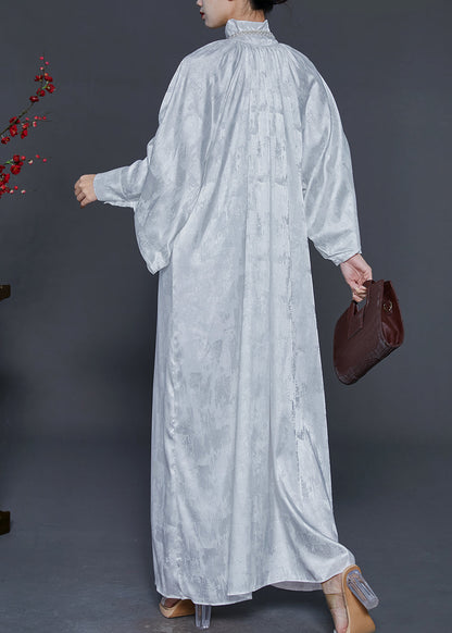 White Zip Up Jacquard Wear on Both Sides Silk Long Dress Fall