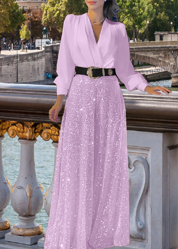 French White V Neck O Neck Patchwork Sequins Ankle Dress Fall
