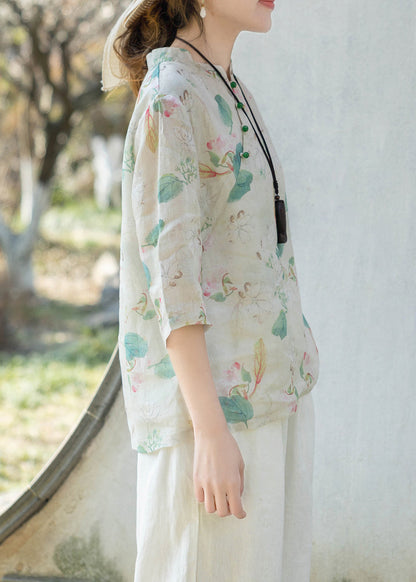 Green Print Stand Collar Button Linen Shirt Half Sleeve