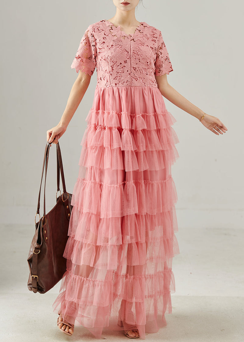 Pink V Neck Patchwork Tulle Long Dress Summer