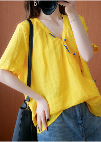 Yellow V Neck Embroidered Cotton Blouses Short Sleeve
