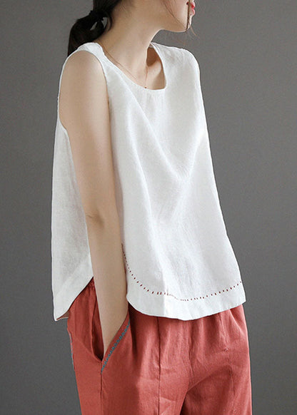 Simple Blue O-neck Embroidered Linen Beach Vest Sleeveless