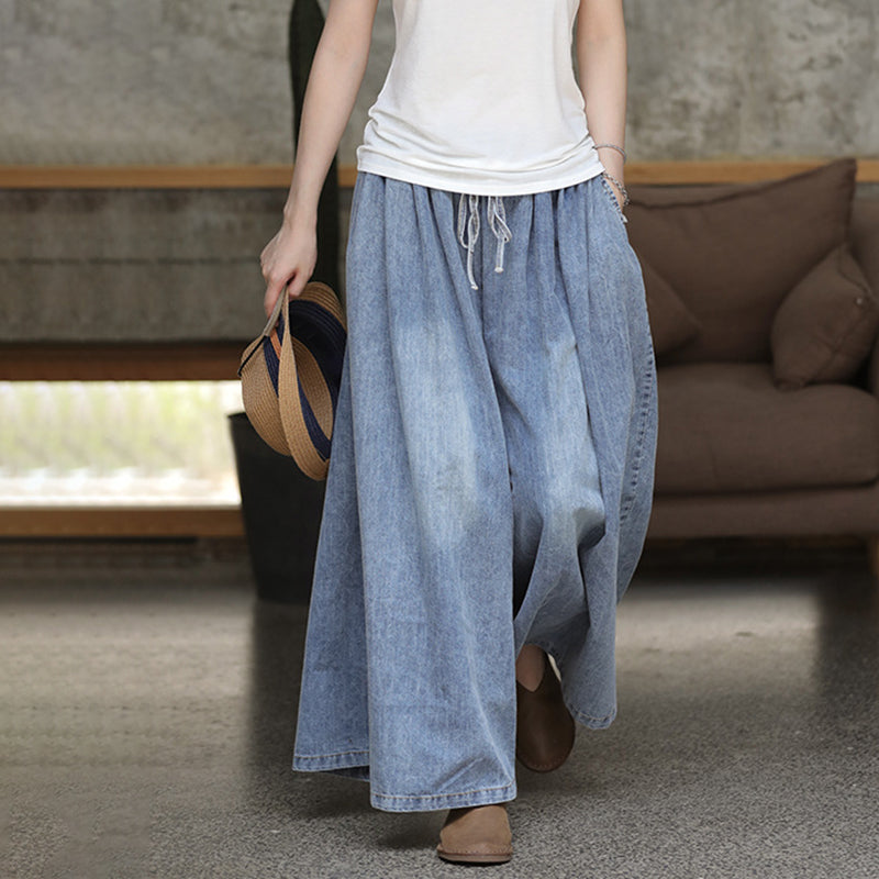 Drawstring Blue Denim Wide Leg Pants Jeans