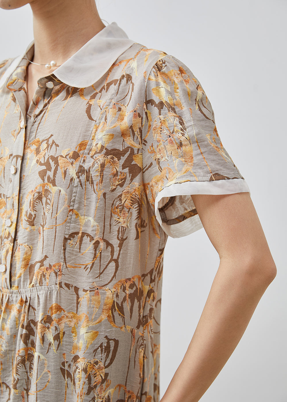 Diy Khaki Peter Pan Collar Print Cotton Shirt Dresses Summer