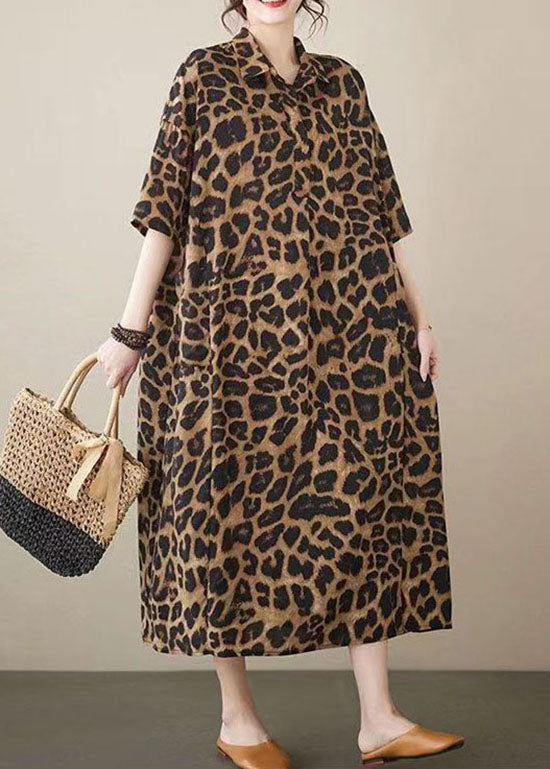 Leopard Peter Pan Collar Pockets Patchwork Cotton Long Dresses Summer