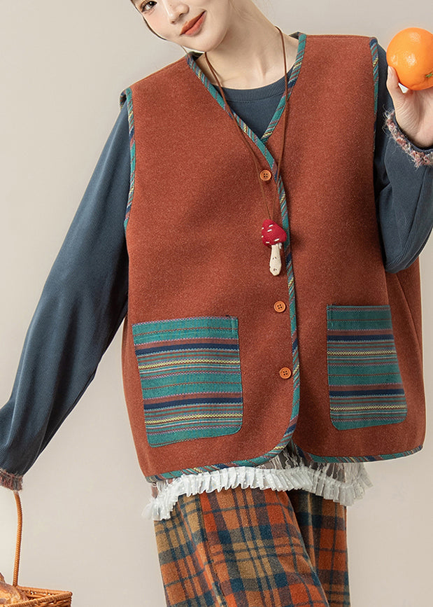 Red Striped Pockets Button Waistcoat and Top Two Piece Set Fall
