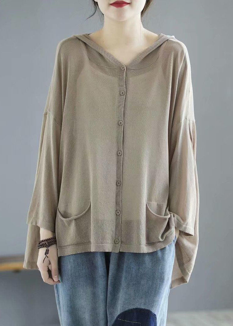 Modern Khaki Hooded Low High Design Pockets Linen Knit Upf 50+ Coat Summer