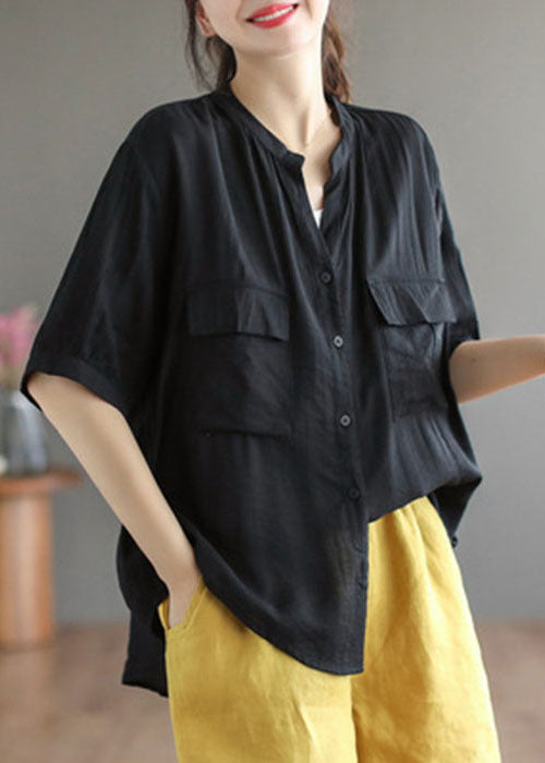 Style Army Green V Neck Wrinkled Button Cotton Shirt Tops Short Sleeve