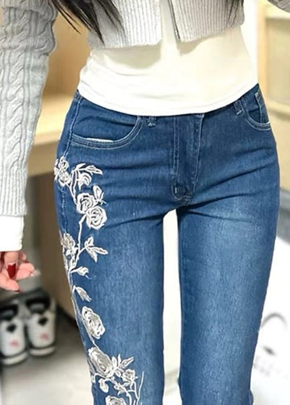 Blue Embroidered Pockets Denim Flared Trousers Spring