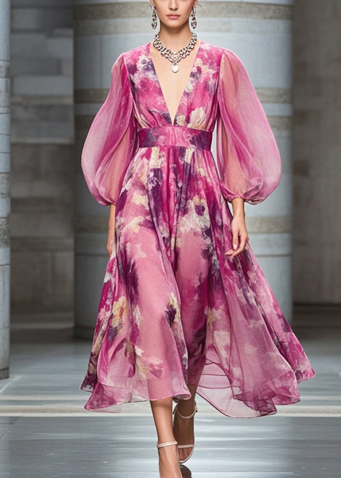 Rose Cinched Print Chiffon Robe Dresses Bracelet Sleeve