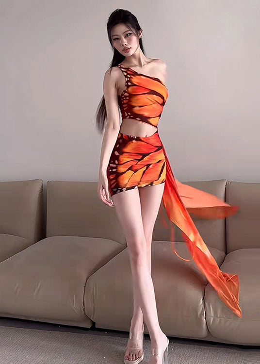 Hot Style Orange Print Asymmetrical Slim Fit One Shoulder Dress