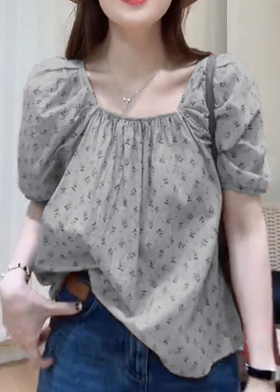 Khaki Square Collar Print Cotton Top Summer