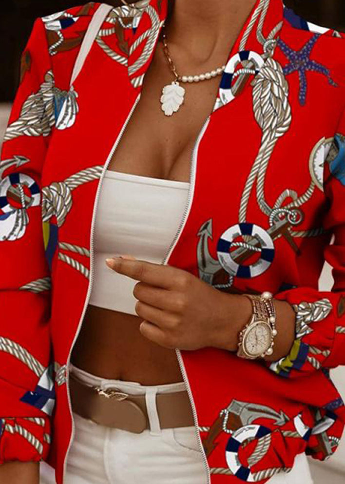Red Zip Up Print Short Coat Long Sleeve