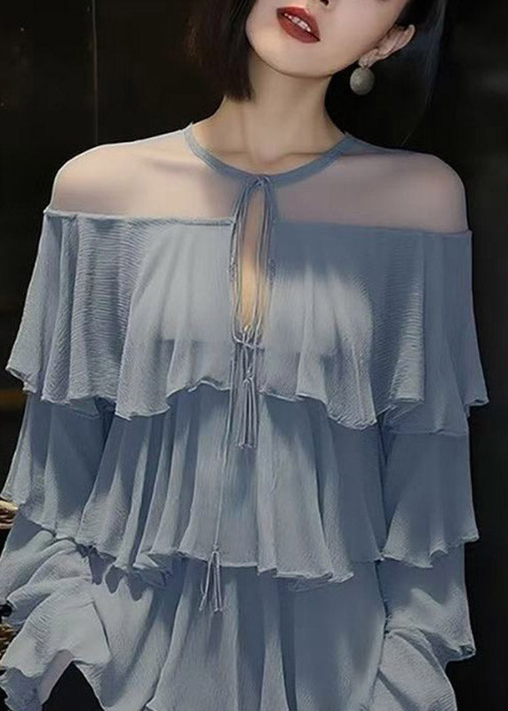 Blue O-nec Ruffled Tulle Patchwork Chiffon Shirt Spring