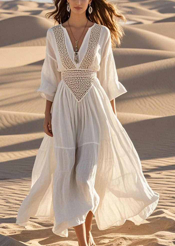 White Hollow Out Exra Large Hem Cotton Maxi Dress Fall