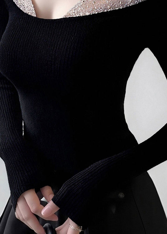 Black V-neck Tulle Patchwork Knit Top Spring