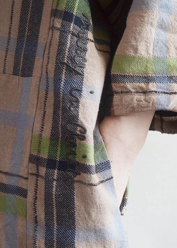 Cotton Tunic Top Plaid Round Neck Cotton Linen Dress