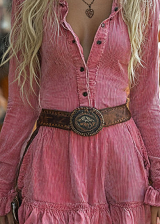 European and American Style Pink Ruffled Patchwork Corduroy Dress Spring