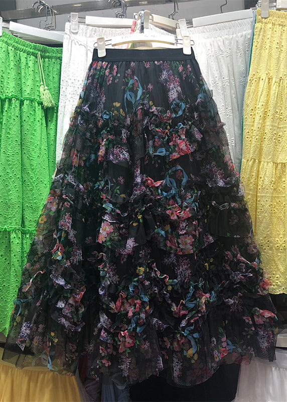 Apricot Asymmetrical Print Ruffled Tulle Cake Skirt Spring