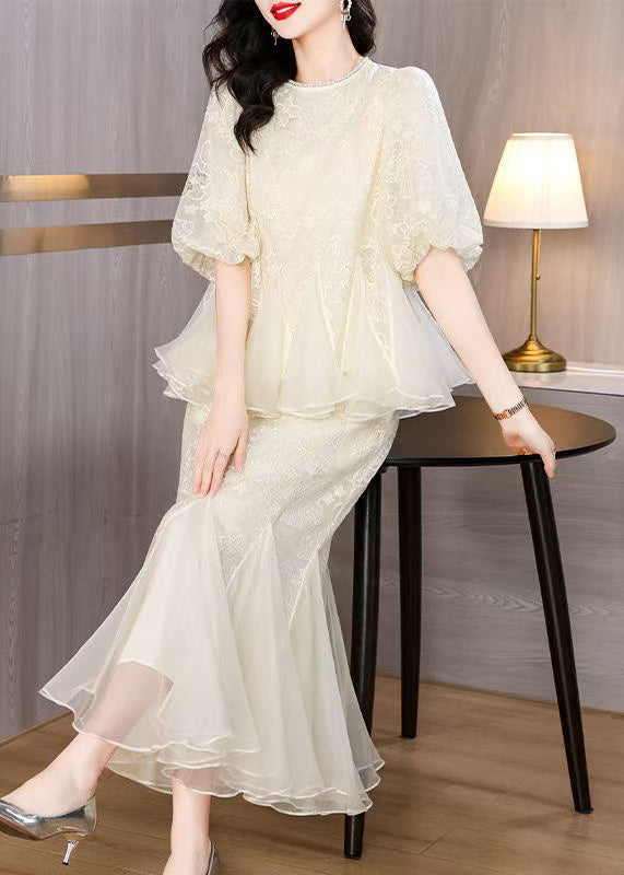 Beige Embroidered Tops and Fishtail Skirt Silk Two Pieces Set Summer