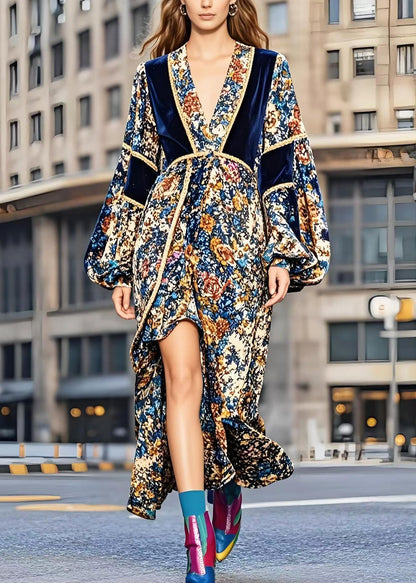 Patchwork Low High Design Silk Velvet Vestidos Dress Lantern Sleeve