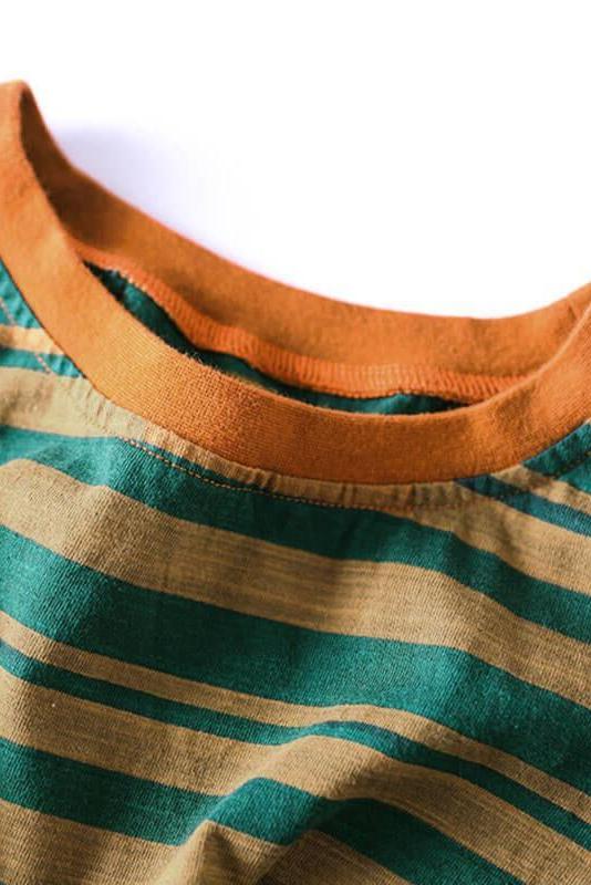 Cotton Stripes Split Hem O Neck T-shirt